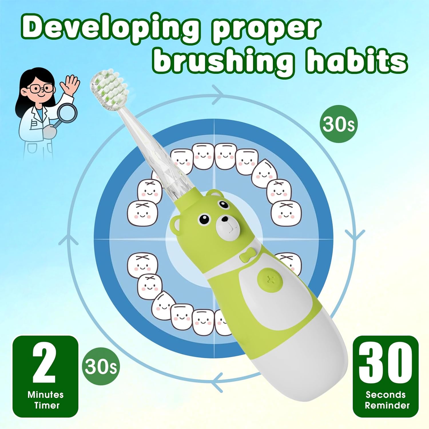 Kids Electric Toothbrush Sonic Battery-Powered for Toddler Ages 2-10, 2-Min Smart Timer LED Light with 3 Color Cleaning Modes, Green FunBear Boys Girls 2 Replacement Heads