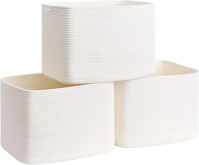 3 Pack Cube Storage Bin, 17”x12”x12” Cotton Rope Woven Baskets for Organizing Toys Clothes Towels, Square Gift Storage Baskets for Shelf, Nursery, Closet, Bathroom, Pantry (White)