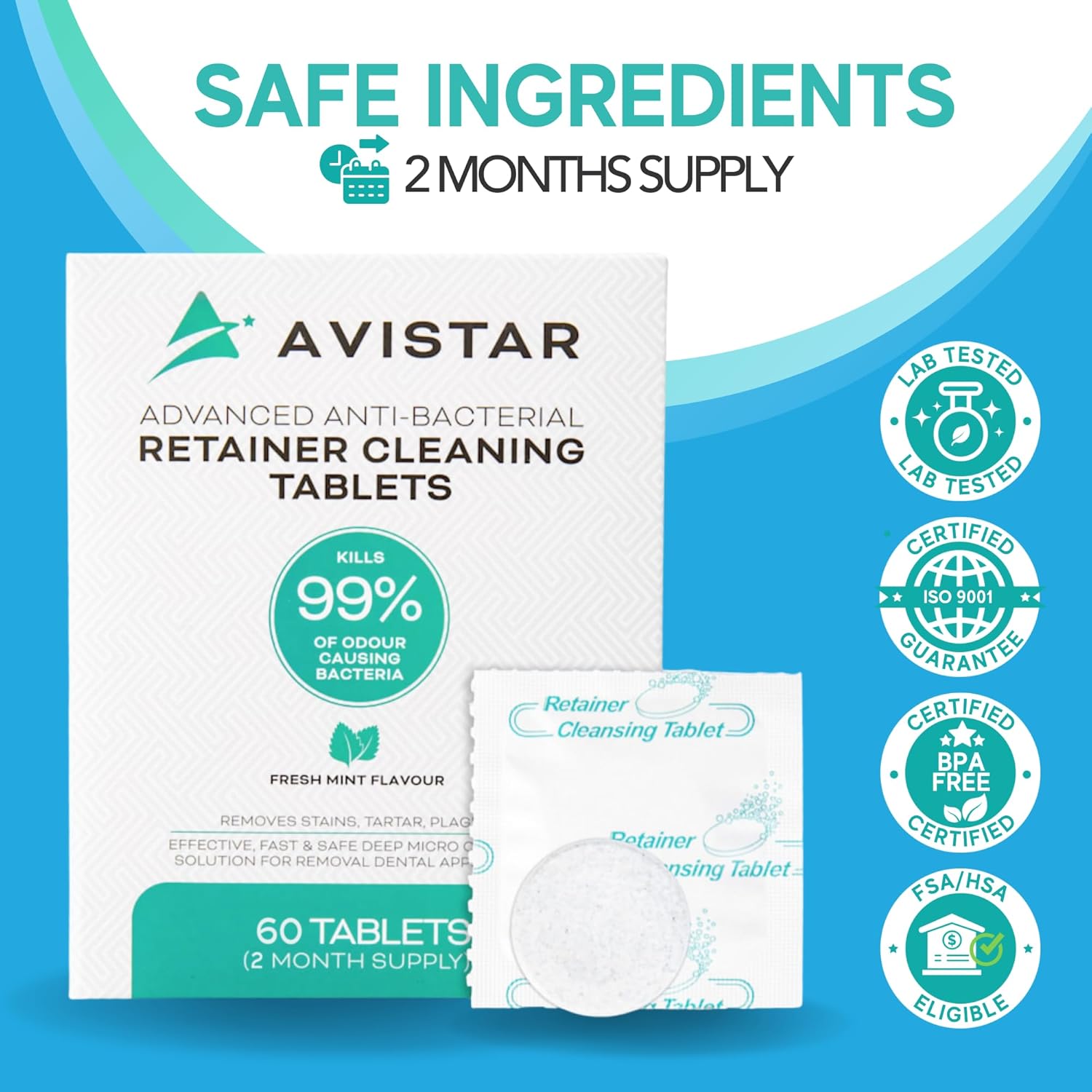 Retainer & Mouth Guard Cleaner Tablets - Mint Flavor Retainer Cleaner Tablets & Invisalign Cleaner -Denture Cleaning Tablets, Denture Cleaner, Aligners, Night Guard - Oral Dental Care FSA HSA Approved