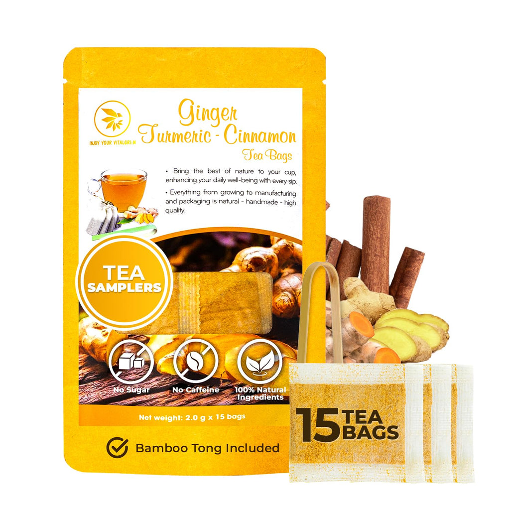 Ginger Cinnamon Turmeric Tea Samplers - 15 Count, Mini Tea Bags, Bamboo Tong Included, Re-Steep Corn Based Tea Bags, No Sugar Added, Natural Herbal Tea for Body Warm, Relax, Refreshing