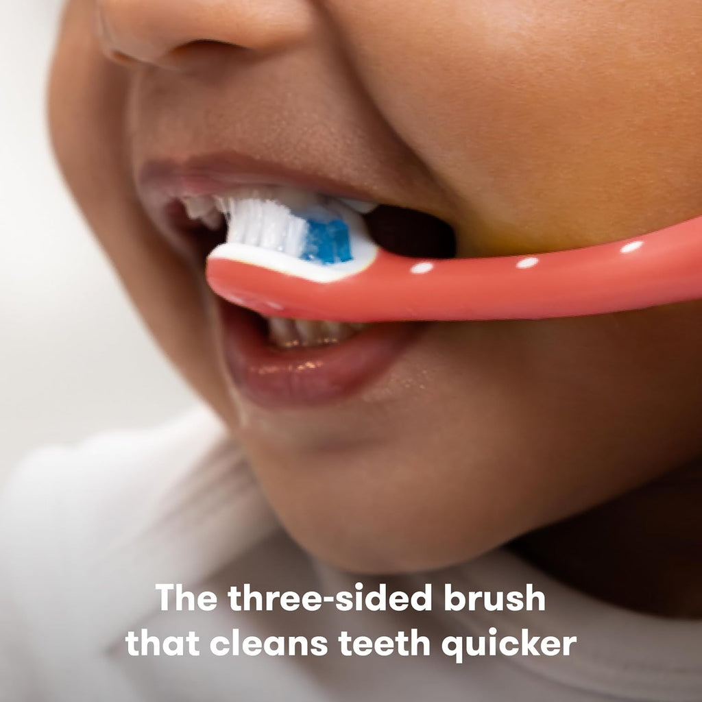 Frida Baby Triple-Angle Toothhugger Training Toddler Toothbrush | Toddler Toothbrush 2 Years and Up, Cleans All Sides at Once | 2 Pack (Pink + Blue)
