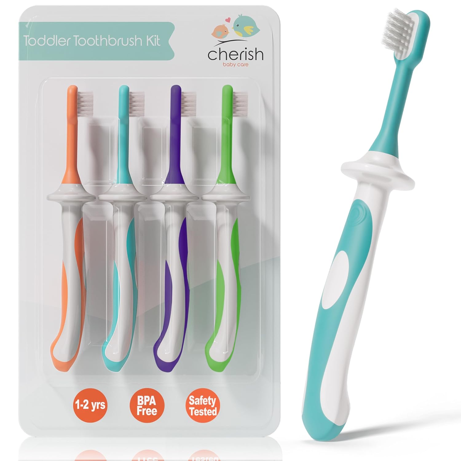 Cherish Baby Care Toddler Toothbrushes 1-2 Years (4-Pack) - BPA-Free & Safety-Tested Kids Toothbrush Kit, Designed by a Pediatric Dentist, Soft-Grip Toothbrush for Kids, My First Toothbrush Set