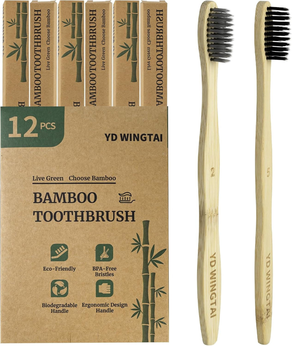 Biodegradable Bamboo Toothbrushes 12pack Non Plastic Toothbrush Natural Wooden Travel Size Organic Charcoal Tooth Brush