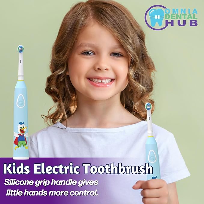 1PCs Rotating Kids Electric Toothbrush with 2 Brush Heads IPX7 by Omnia ONE | 3 Modes, Rechargeable 30 Days Battery Life, IPX7 Waterproof, USB Charger & Block Included, Fun & Effective Oral Care