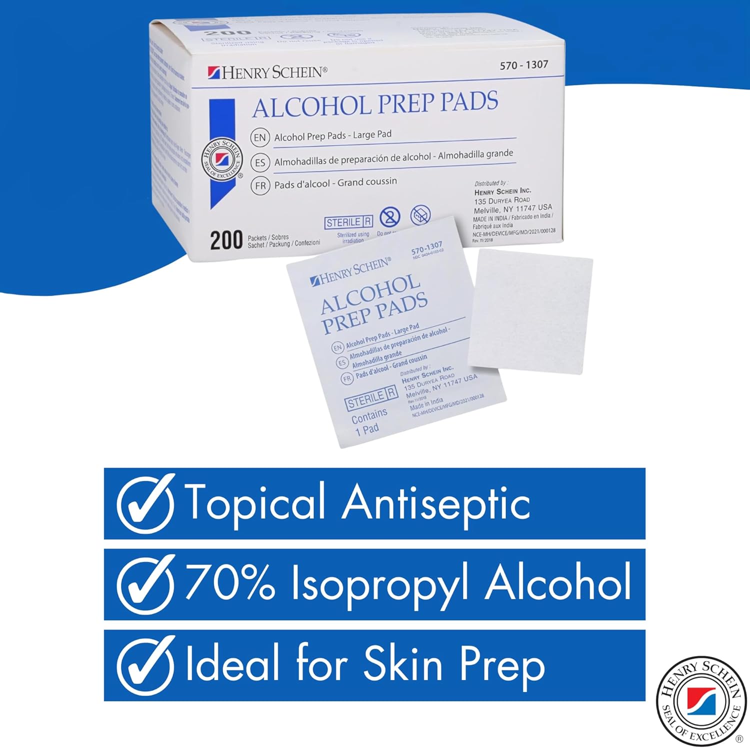 Henry Schein Large Alcohol Prep Pads (2 Boxes, 400 Total) – 70% Isopropyl Alcohol Wipes, Individually Wrapped – 2-Ply, Textured – Skin Prep Alcohol Swabs – Sterile Pads