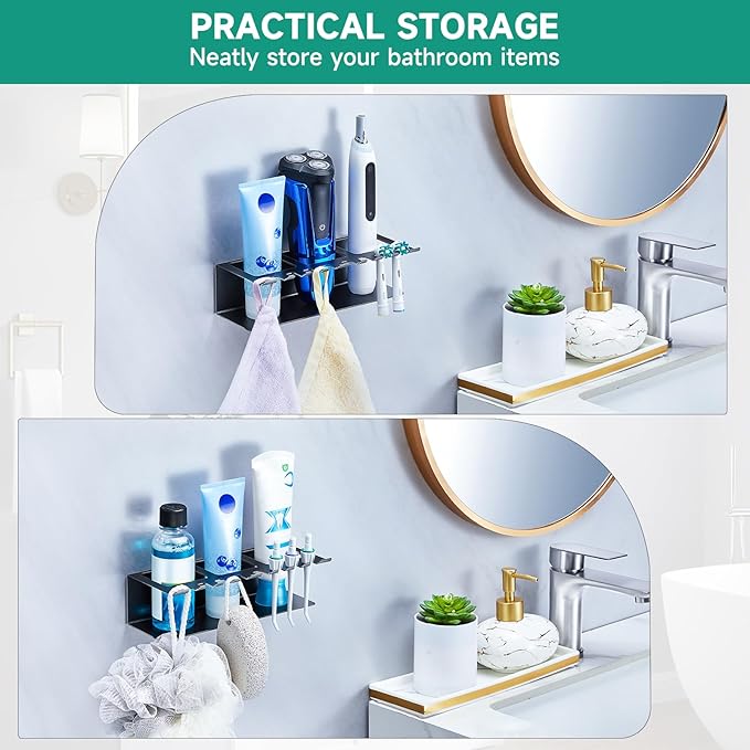 Electric Toothbrush Head Holders, Electric Toothbrush Holders Wall Mounted, Shower Electric Head Holder, Toothbrush and Toothpaste Holder, Adhesive Tooth Brushing Holder for Bathroom (Black, Large)