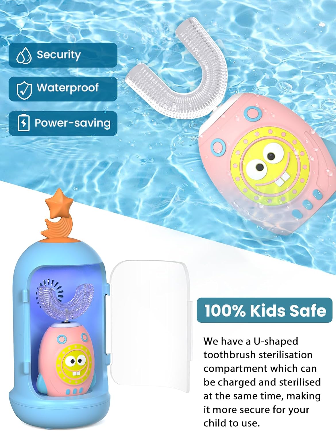 FTOYIN Kids Electric Toothbrush with 3 Brush Heads, U Shaped Ultrasonic Toothbrush Kids with 5 Modes, 45s Smart Reminder, 360-Degree Automatic Cleaning, IPX7 Waterproof Design