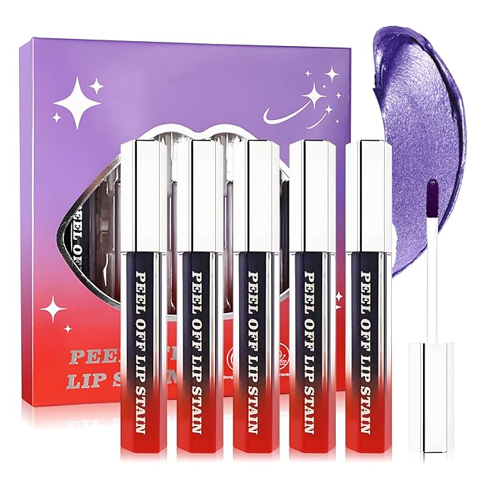 CAHIUYOA 5PCS Lip Stain Peel Off Lip Liner Stain,Matte Lip Tint Stain Peel Off Liquid Lipstick Long Lasting Waterproof Lipstain Makeup Set Gift for Women
