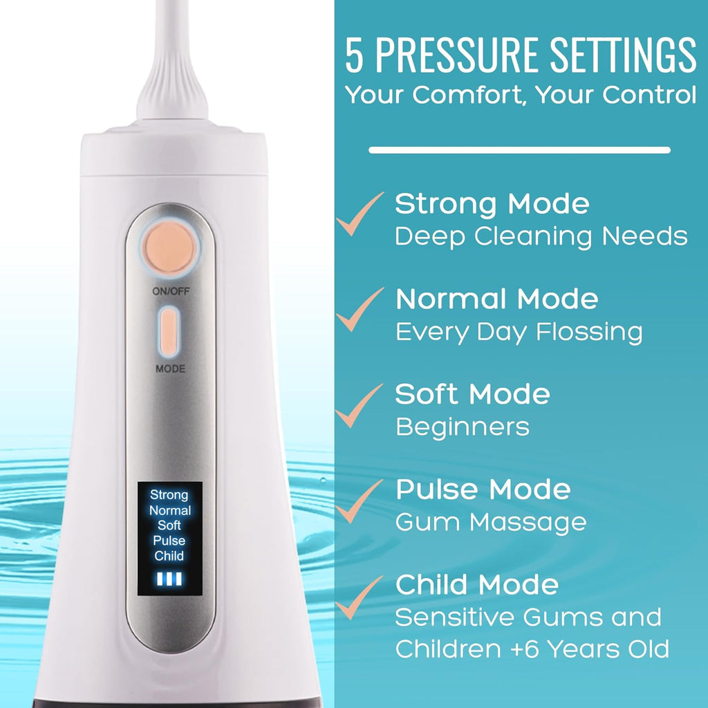 Portable Water Flosser – Cordless Oral Irrigator for Teeth Cleaning | 8 Jet Tips and 5 Modes | Travel and Home Use | Rechargeable and IPX7 Waterproof – White