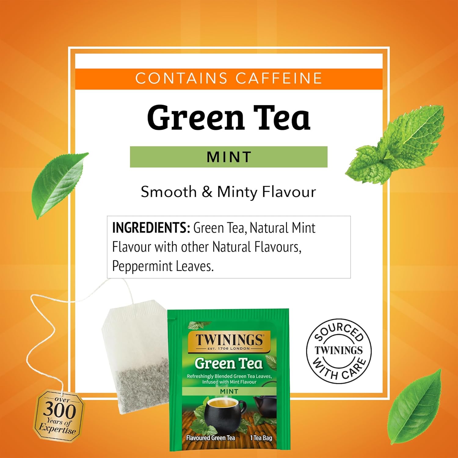 Twinings Green Tea with Mint Individually Wrapped Bags, 20 Count (Pack of 6), Invigorating Aroma, Caffeinated, Enjoy Hot or Iced, 120 Teabags