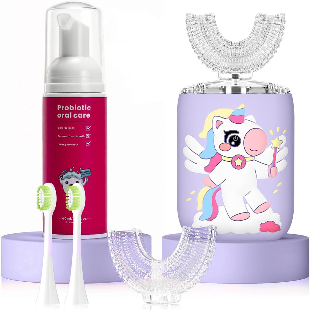 Kids Electric U Shaped Toothbrush Unicorn Rechargeable Sonic Toothbrush with 4 Soft Brush Heads with Kid Toothpaste IPX7 Waterproof - (Age 8-15, Purple)