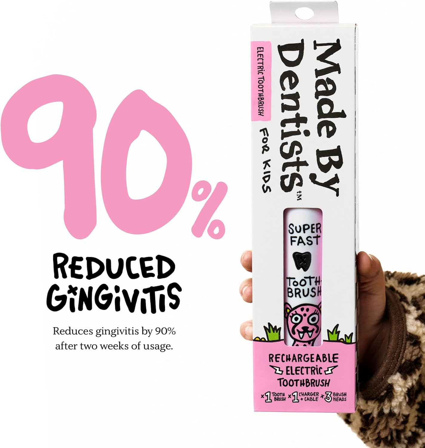 Made by Dentists Kids Electric Toothbrush - Rechargeable Vibrating Toothbrush with Timer, Includes 6 Replacement Heads, Halloween Gifts for Kids, Girls and Boys, Kid & Toddlers Age 2+, Cheetah