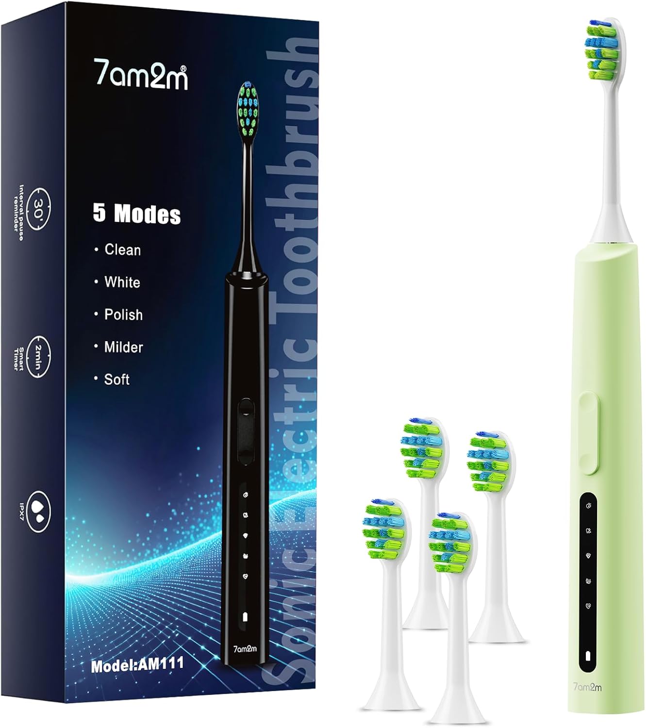 7AM2M Sonic Electric Toothbrush for Adults and Kids, 40000VPM Power Toothbrushes, USB-C Rechargeable with 4 Brush Heads, 5 Modes, 2 Minutes Built in Smart Timer, One Charge for 60 Days (Green)