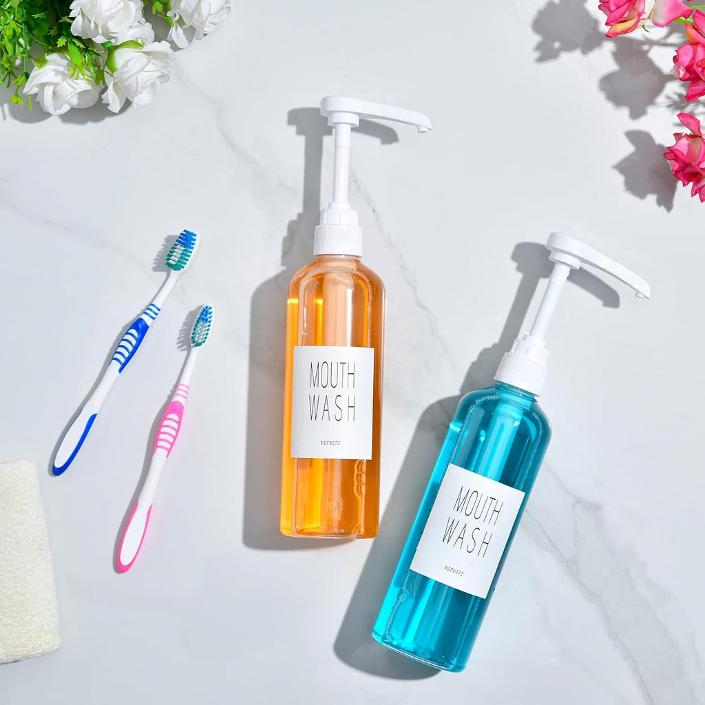 VITVITI Plastic Mouthwash Dispenser for Bathroom, 17 OZ Pump Mouth Wash Container Bottle with Cup, Clear Refillable Mouthwash Dispenser with Labels