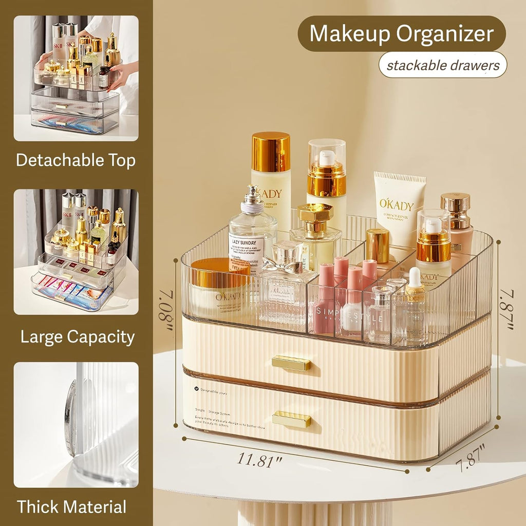 Makeup Organizer with Stackable Drawers, Bathroom Countertop Vanity Organizers and Storage, Ideal for Desk and Dresser, Great for Cosmetics, skin Care, Lipsticks, Nail Care -Cream White