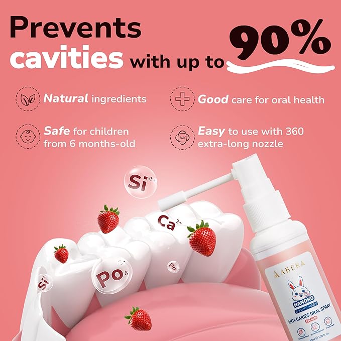Abera Anti-Caries Kids Oral Spray, Fluoride Free Toddler Toothpaste Helper for Cavity Repair and Fresh Breath, 360 Degree Rotating Spout Easy to Use for Newborn to Preschooler, 1.35 fl Oz, Pack of 2