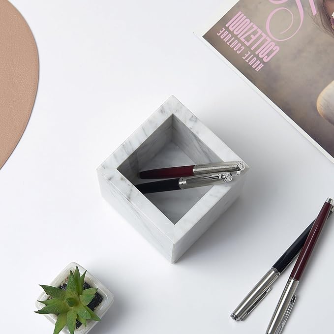 Real Natural Marble Toothbrush Holder & Pen Holder & Makeup Brush Holder, Genuine Stone Rectangular Bathroom Tumbler Cup, Durable Office & Home Countertop Organizer