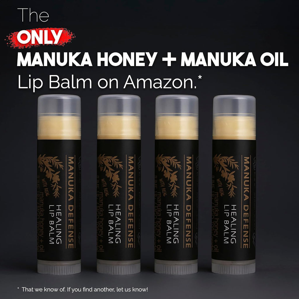 BALM OF GILEAD Manuka Defense Healing Lip Balm - Intensive Moisture Therapy in Tube w/Manuka, Tea Tree & Cooling Peppermint - Ideal for Chapped & Cracked Lips - Beauty Pack Of 4-0.15 oz