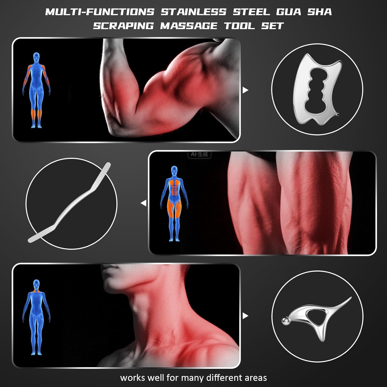 Stainless Steel Gua Sha Tools, 3 in 1 Muscle Scraper Tool, Metal Gua Sha Physical Therapy Equipment, Body Guasha, Myofascial Release,Scraping Tool Physical Therapy, Deep Tissue Massager for Knots