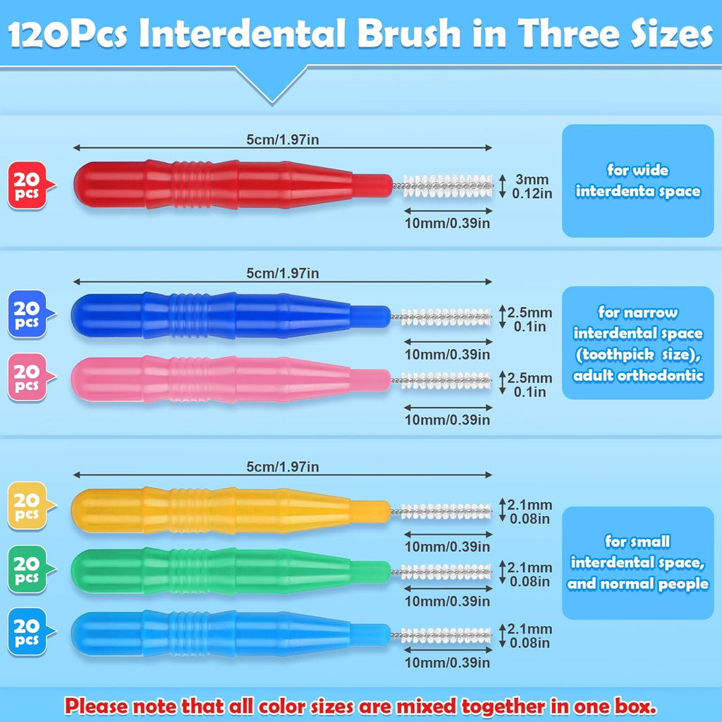 120Pcs Interdental Brushes 3 Sizes, 360° Bendable Soft Bristles Braces Brush Dental Brushes Between Teeth Gum Interdental Brushes for Gum Braces Oral Teeth Cleaning Tool