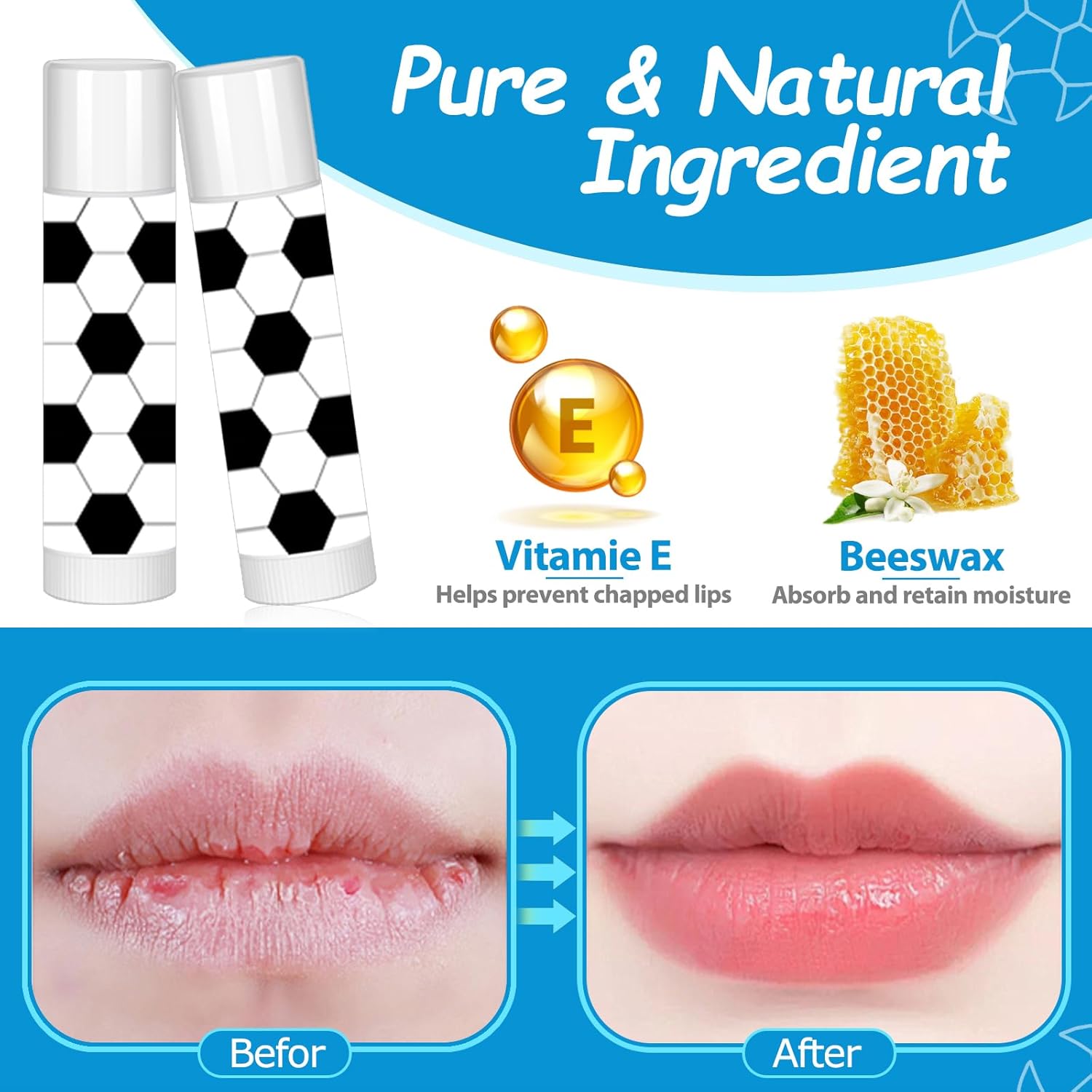 24 Pack Soccer Lip Balm for Soccer Theme Party Bulk Gifts,Beeswax Moisturizing Lip Balm,Vanilla Flavor Plumping Chapstick for Soccer Team Girls kids Men Women Sports Lovers