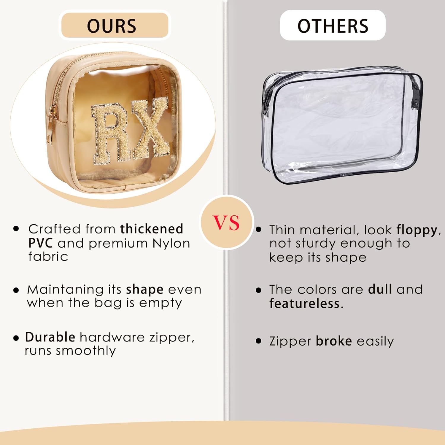 Small Chenille Letter Clear Medicine Makeup Bags,Nylon PVC Waterproof Rx Pouch with Metal Zipper, Cute Drug First Aid Travel Organizer for Women Girls(07Khaki)