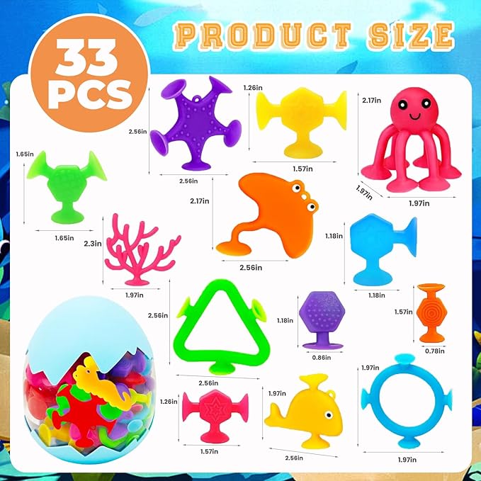 Suction Bath Toys for Kids, 33 Pcs Silicone Bathtub Suction Cup Toys, Travel Sensory Window Building Toys for Toddlers Boys Girls 3 4 5 6 Year Old
