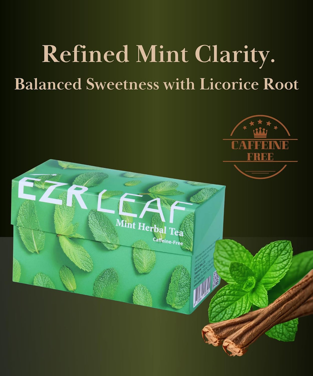 EZR Leaf Mint Herbal Tea, Caffeine Free Decaf, Pyramid Tea Bags 20 Counts 2.1 Once German Peppermint, Lemongrass, Licorice Blend for Relaxation, After-Meal, Bedtime