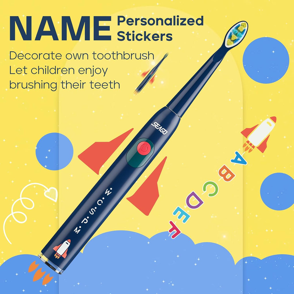 SEAGO Kids Electric Toothbrush, Rechargeable Sonic Soft Bristle Toothbrushes with 8 Brush Heads, DIY Stickers and 5 Modes, Ideal for Kids and Children, Ages 3–12，SG2303(Navy)