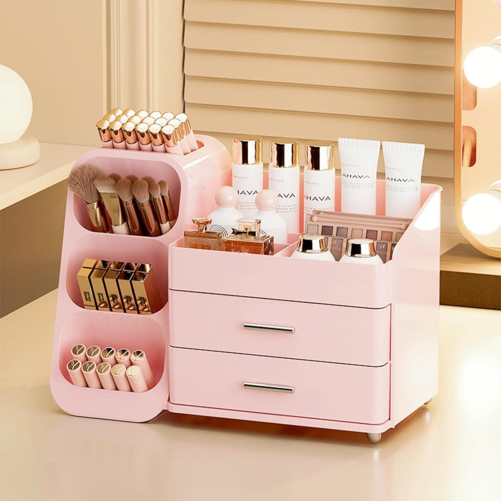 Makeup Organizer with Drawers,Large Capacity Countertop Organizer for Vanity,Bathroom and Bedroom Desk Cosmetics Organizer,Easy To Storage Skincare,Brushes,Lotions,Lipstick (All Pink)