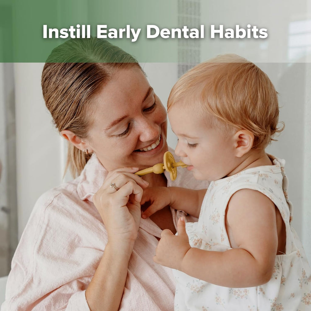 haakaa 360° Baby Toothbrush with Suction Base - Gentle Cleaning for Toddler's Self-Brushing Training, Food-Grade Silicone, Adjustable Safety Shield - Mustard (1 Piece)