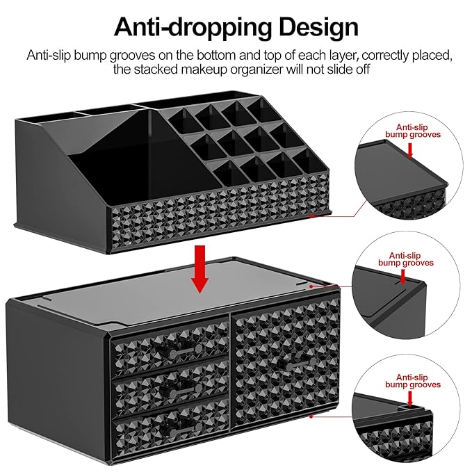 3 Pack Makeup Organizer Stackable[Upgraded], Acrylic Cosmetics Storage Cases with 8 Drawers Perfume Organizers For Brush Holder or Jewelry Display,Plus Size,Best For Vanity,Bathroom or Countertop