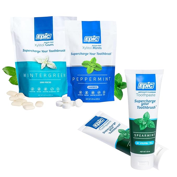 Epic Dental Sugar Free Oral Care Set – 1000-Piece Wintergreen Gum, 1000 Peppermint Mints, 2 Tubes Spearmint Fluoride Toothpaste – Aspartame Free, Dentist Approved, Helps with Dry Mouth & Cavity Care