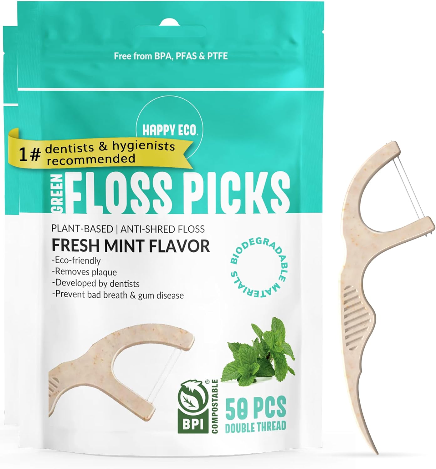 Floss Picks Biodegradable (100pcs) - Plant Based Dental Floss Picks, Natural Flossers for Adults & Kids, Nontoxic Vegan Tooth Pick Flossers & Eco Floss Sticks - Double Thread Mint