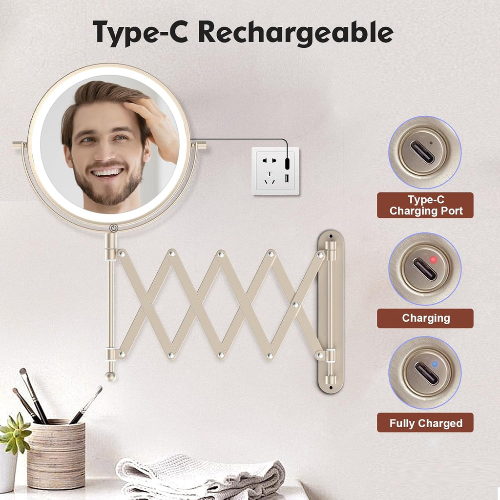 Rechargeable Wall Mounted Makeup Mirror - 8 Inch Double Sided 1X/10X Magnifying Mirror with 3 Color Lights Dimmable Touch Screen, 360°Swivel 19.6 Inch Extendable Accordion Bathroom Mirror - Nickel