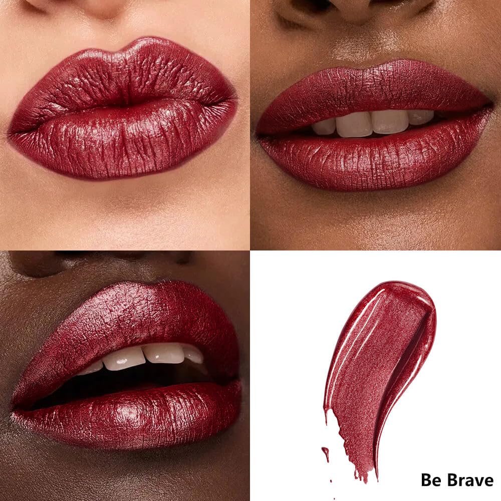 Metallic Liquid Lipstick Dark Red – High Pigment Long-Lasting Waterproof Lip Gloss, Smudge-Proof, Lightweight Red Metallic Lip Makeup for Parties & Everyday Wear (Be Brave)