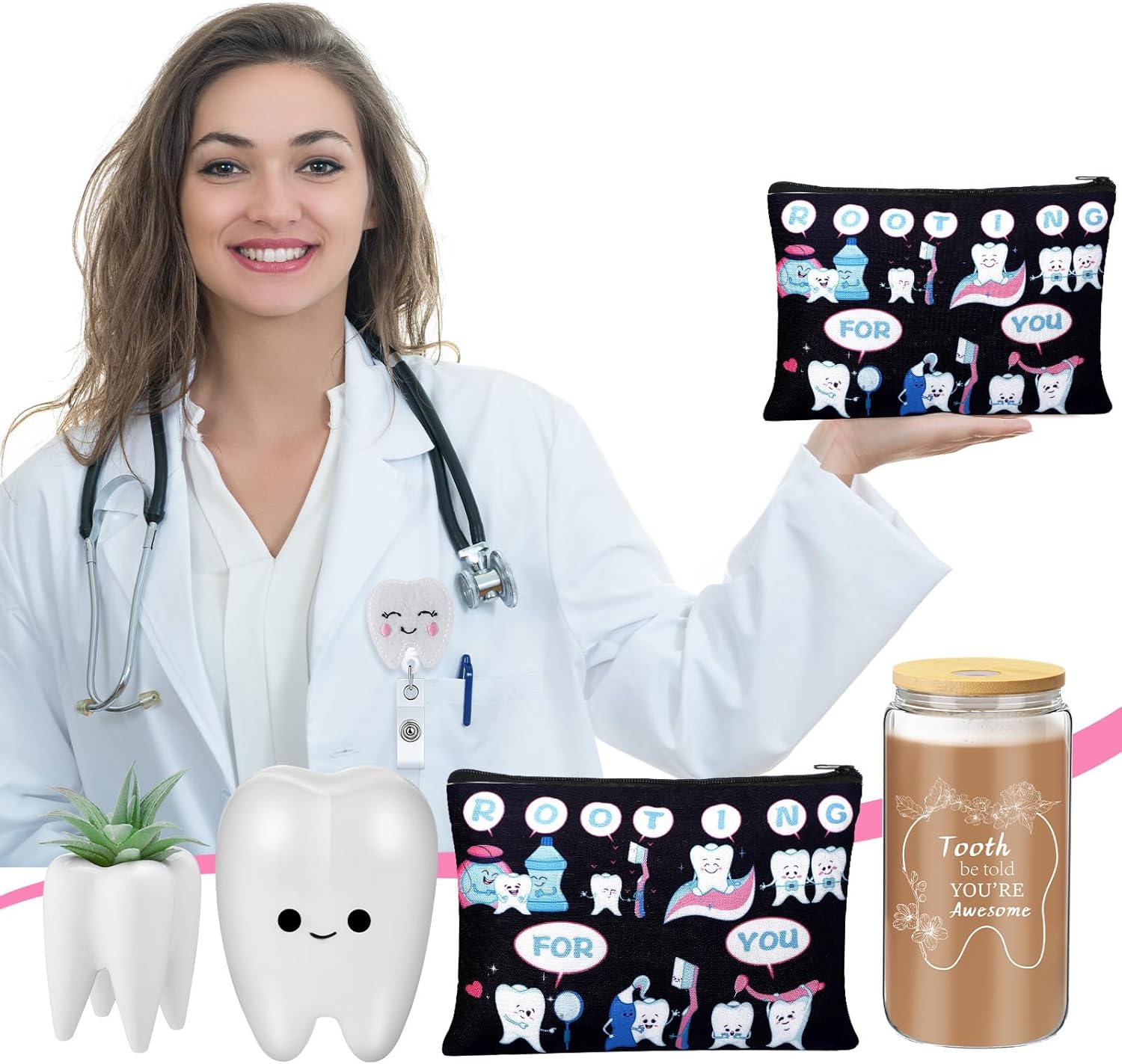 Pickmesh 6 Pcs Dental Gifts Dentist Assistant Hygienist Gifts 16 oz Glass Cups with Lid Makeup Bag Socks Badge Holder Tooth Brush Pot for Women Coworkers Doctor Nurse Christmas Accessories(Black)