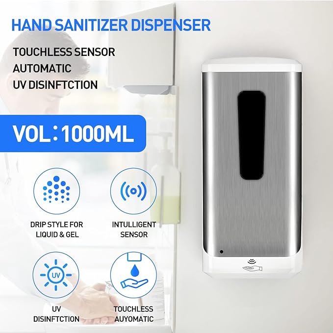 Automatic Hand Sanitizer Dispenser, Jewaytec 1000ML Wall Mounted Stainless Soap Dispenser Touchless Auto Liquid Dispenser for Office, Home, Restaurant