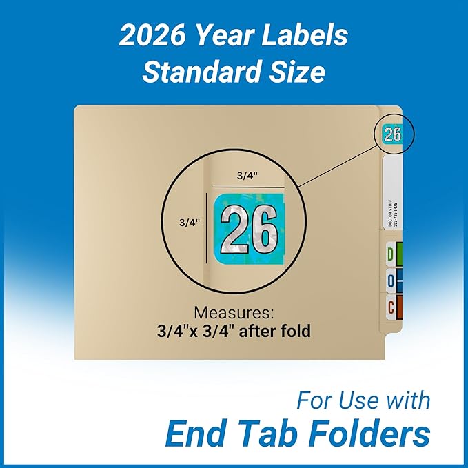 2026 Year Stickers, Doctor Stuff 2026 Chart Stickers, Holographic Aqua Colored, USA Made Year Labels for End Tab File Folders, 500 Labels per Roll, 1 Roll, 3/4" x 1-1/2"