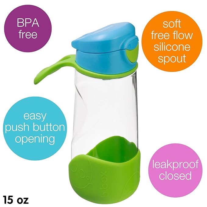 b.box 15 oz Sport Spout Kids Water Bottle for School, Sports, Travel, Daycare. Leakproof, Spill Proof, Dishwasher Safe. Easy Grip Triangle Shape, Durable Tritan Material. BPA Free.