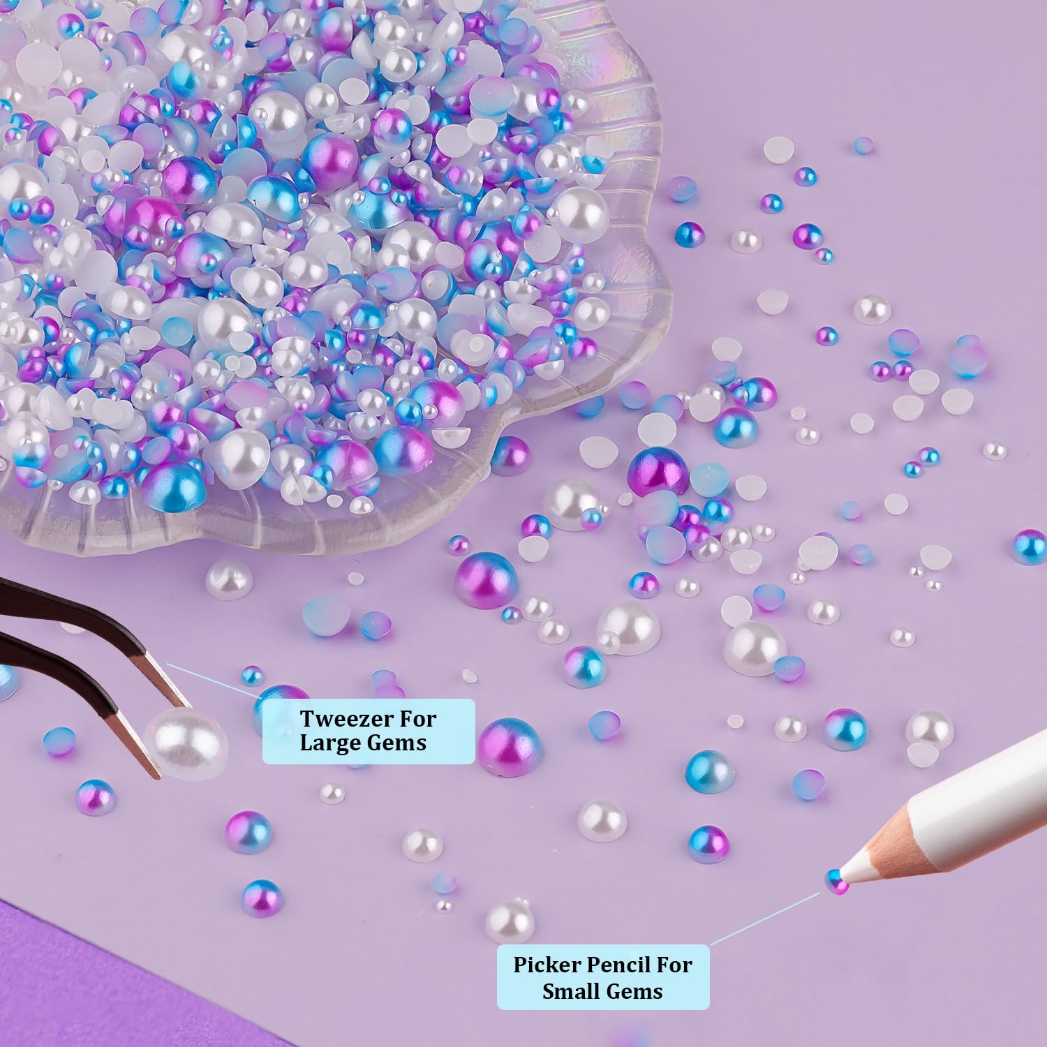 2 Boxes Flat Back Pearls Kit 14 Flatback White&Blue Mermaid Half Round Pearls 2-8mm with Pickup Pencil and Tweezer for Home DIY and Nail Art, Face Makeup and Craft