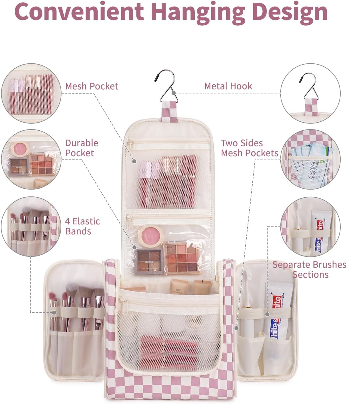 Narwey Checked Hanging Travel Toiletry Bag for Women, Travel Bag for Toiletries, Makeup Bag Organizer Cosmetic Bags Make Up Bags for Women (Dusty Rose Checkerboard)