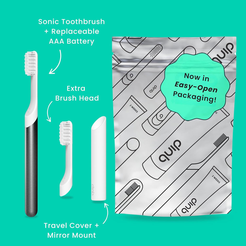 Quip Metal Sonic Electric Toothbrush for Adults - Time Travel & Soft Bristles with Travel Case & Replacement Brush Head - 3 Month Battery Life - Slate