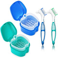2 Pack Denture Bath Case Cup with Lid and Strainer Basket, Retainer Cleaner Case Dental False Teeth Container with 2 Travel Brushes, Lake Green and Dark Blue