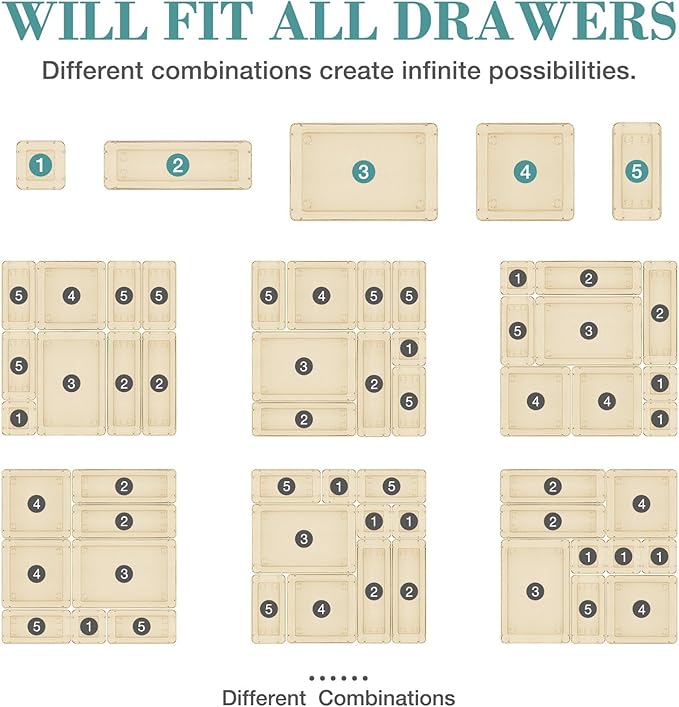 13 PCS Drawer Organizer Set, 5 Varied Size Bathroom and kitchen Drawer cabinet organizer Trays, Clear Storage Bins for Makeup, Jewelry, Utensils and Gadgets, Champagne