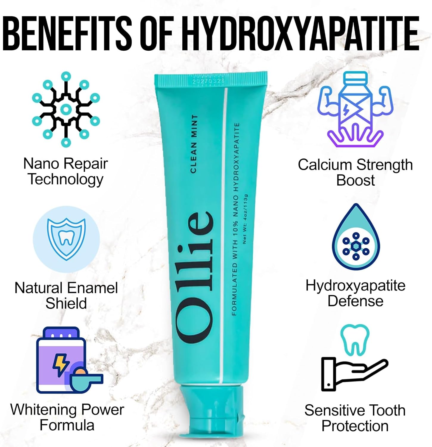 Ollie Clean Mint Nano Hydroxyapatite Toothpaste for Teeth Whitening, 10% Hydroxyapatite Formula, 4oz