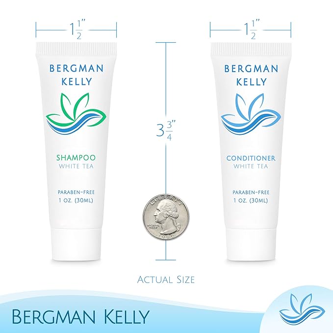 BERGMAN KELLY Round Hotel Soap Bars, Shampoo & Conditioner 3-Piece Set (1 oz each, 150 pc, White Tea), Delight Your Guests with Revitalizing & Refreshing Mini Travel Toiletries & Bulk Amenities