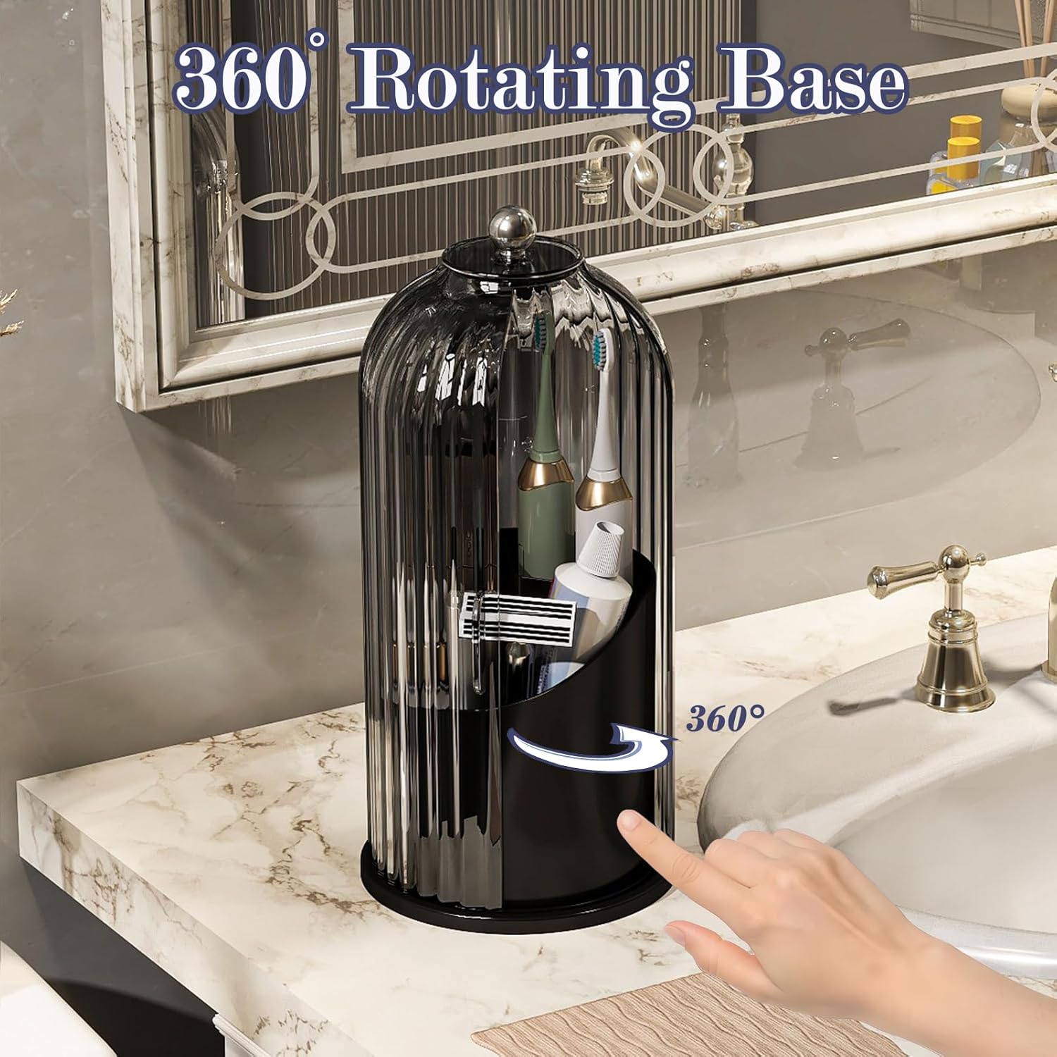 Dustproof Toothbrush Holders with Cover, Rotating Electric Toothbrush and Toothpaste Holder for Bathroom Countertop, 3 Slots Makeup Brushes Organizer, Grey Black