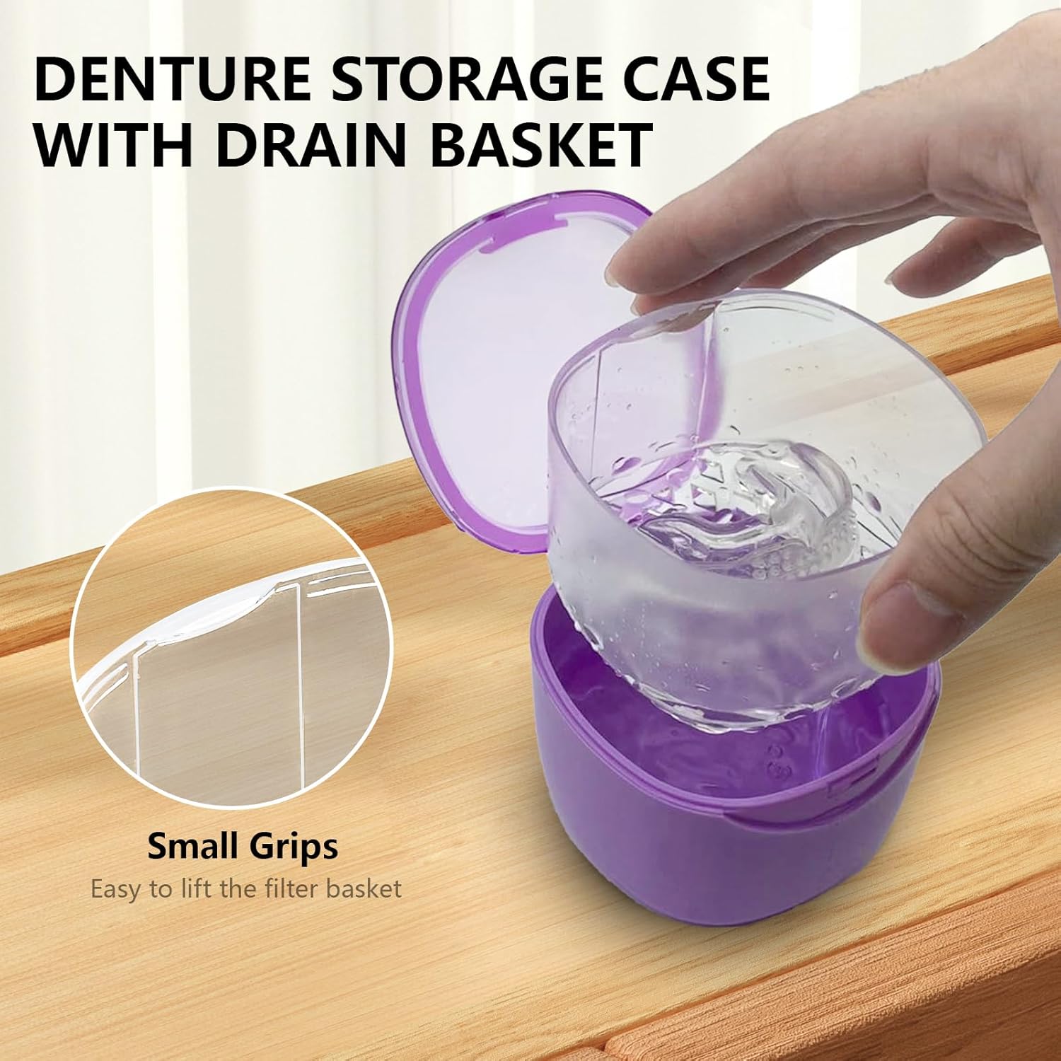 Purple Denture Cup Denture Bath Box Case with Lid Leakproof, Denture Holder Case Retainer Cleaning Container Mouth Guard Cleaner Case for Household, Travel, Office