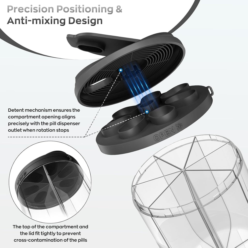 Pill Dispenser with 7 Large Compartments, 4.4" H x 3.6" Dia Pill Bottle Organizer for Travel,Supplement Organizer with Anti-Mixing Design,BPA-Free Pill Container with 20 Pcs Labels Black 2pcs